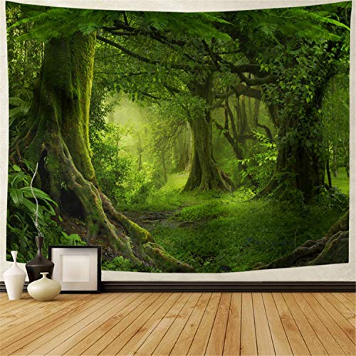 Lahasbja Misty Forest Tapestry Green Tree in Jungle Forest Tapestries Wall Hanging Nature Scenery Woodland Backdrop for Living Room Bedroom (XL/70.8