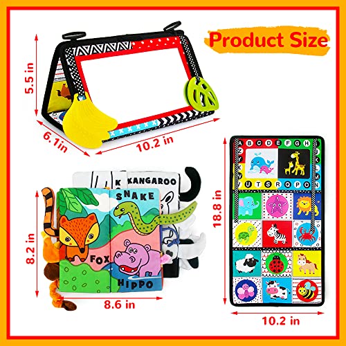 teytoy Tummy Time Mirror,Tummy Time Toys with Soft Crinkle 3D Cloth Book and Teethers Toys, Black and White Sensory Toys High Contrast Newborn Infant Baby Toys 0-6 Months Decorations