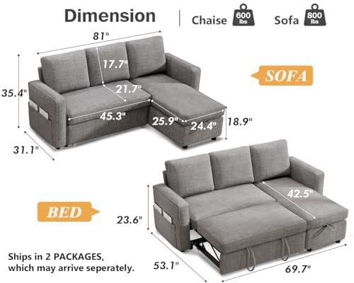 Sunny Heart Sleeper Sofa Bed, 2 in 1 Pull Out Couch with Reversible Storage Chaise, Sectional Sofa Couch Bed with Side Pockets, Comfy L Shaped Modular Couches for Living Room Apartment (Dark Grey)