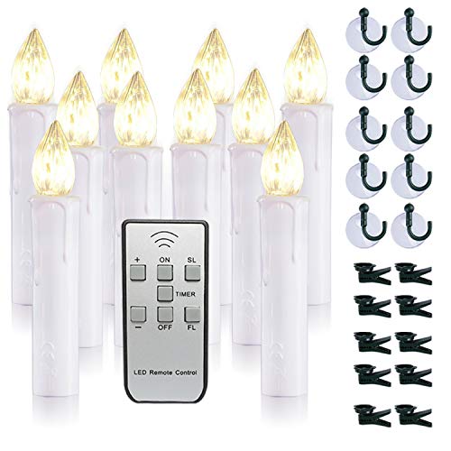 Raycare 10 PCS Battery Operated Taper Candle Lights with Remote, Led Window Candles with 8H Timer, Warm White Bright Flickering Light Christmas Candles with Clips/Suction Cups