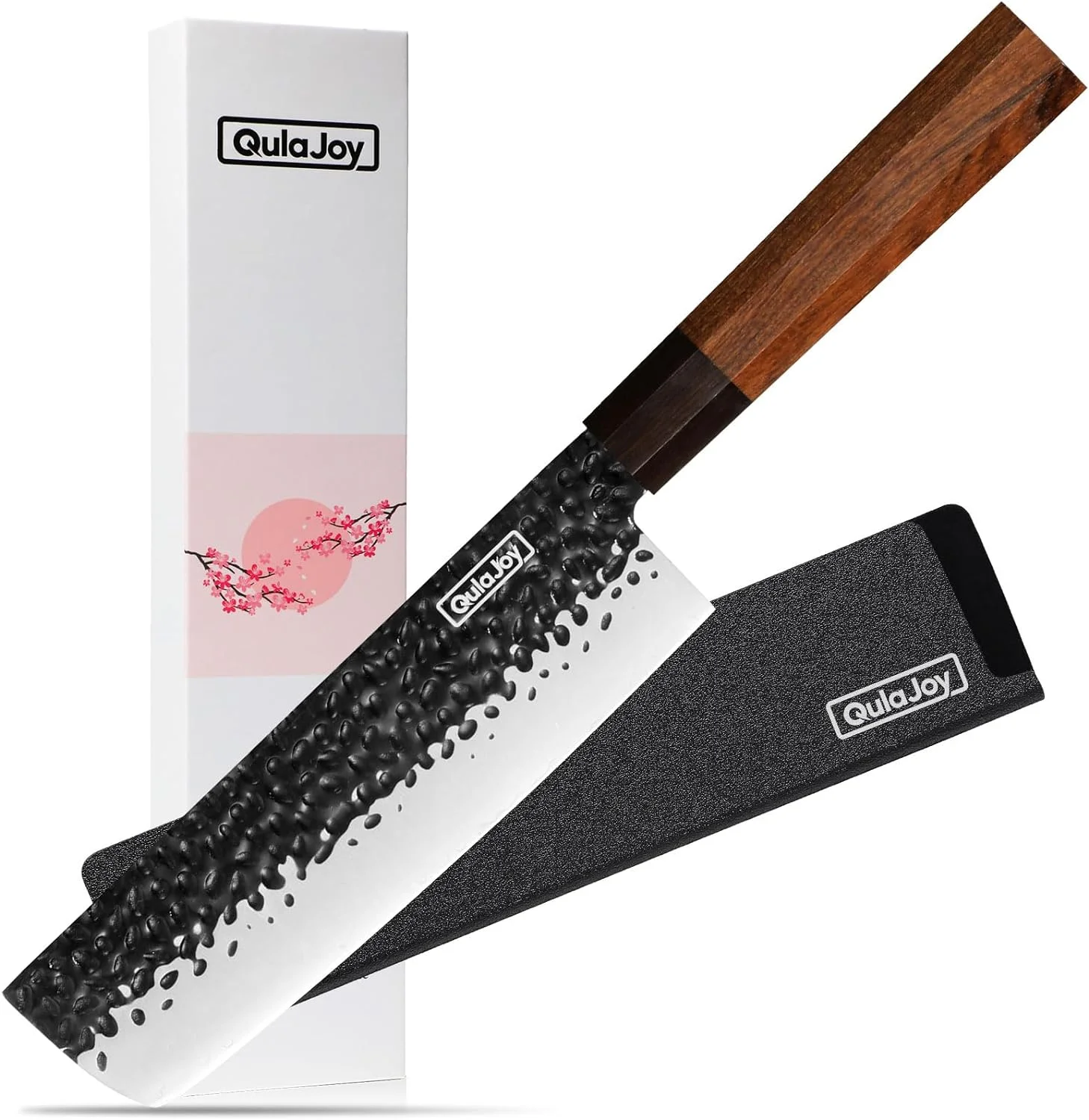Qulajoy Nakiri Chef Knife 7 Inch - Professional Japanese Vegetable Cutting Knife - Razor Sharp 9cr18mov Blade - Hammered Kitchen Knife - Octagonal Rosewood Handle with Sheath