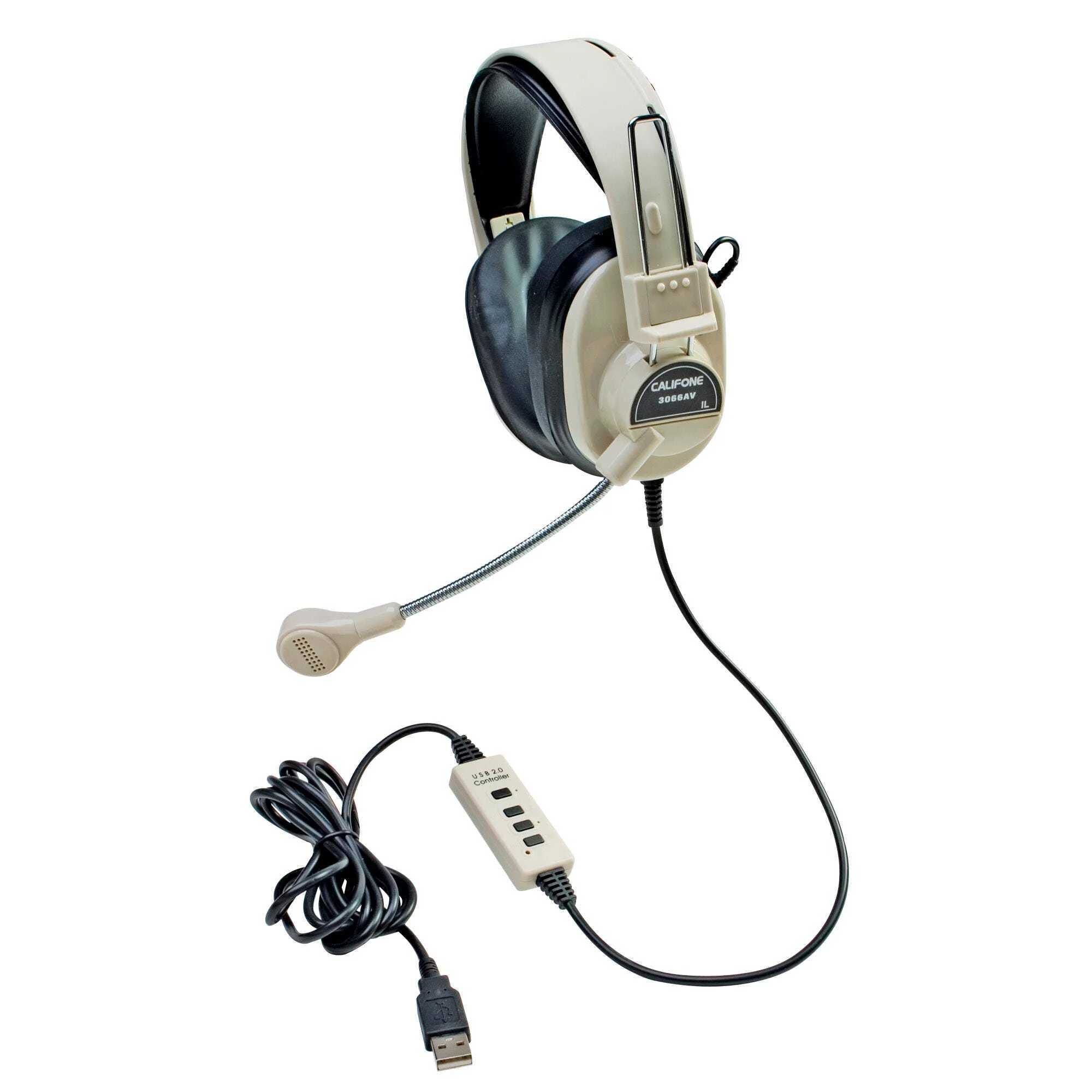 Califone 3066-USB Deluxe Over-Ear Stereo Headset with Gooseneck Microphone, USB Plug, Beige