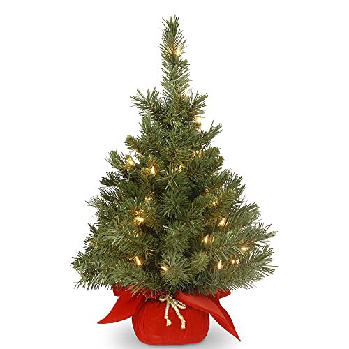 National Tree Company 24 in Pre-Lit Majestic Fir Mini Artificial Christmas Tree, 35 Clear Lights, 71 Tips, Red Cloth Base, Green