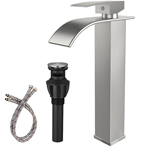 BWE Vessel Sink Faucet Modern Waterfall Chrome Single Hole Bathroom Faucet Single Handle with Pop up Drain Without Overflow Assembly Vanity Basin Bath Sink Faucets Mixer Tap