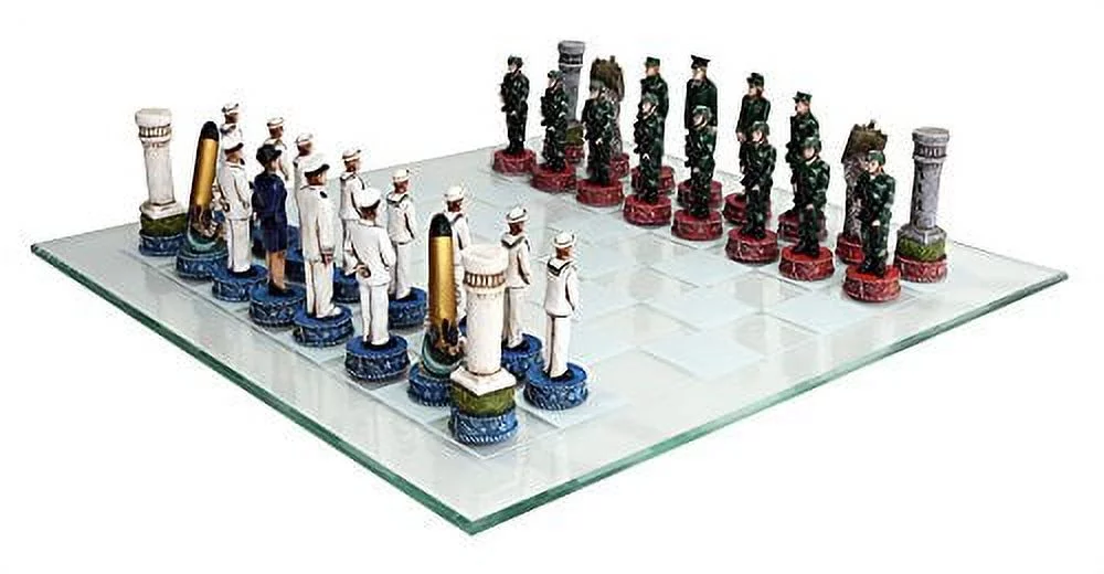 US Army vs Navy Military Chess Set Hand Painted with Glass Board