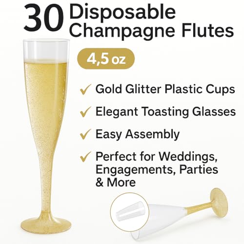 30 Disposable Champagne Flutes - 4.5 oz Gold Glitter Plastic Cups for Parties - Elegant Toasting Glasses - Perfect for Weddings, Engagements, Mimosa Bars, Thanksgiving, Christmas, New Year’s Eve