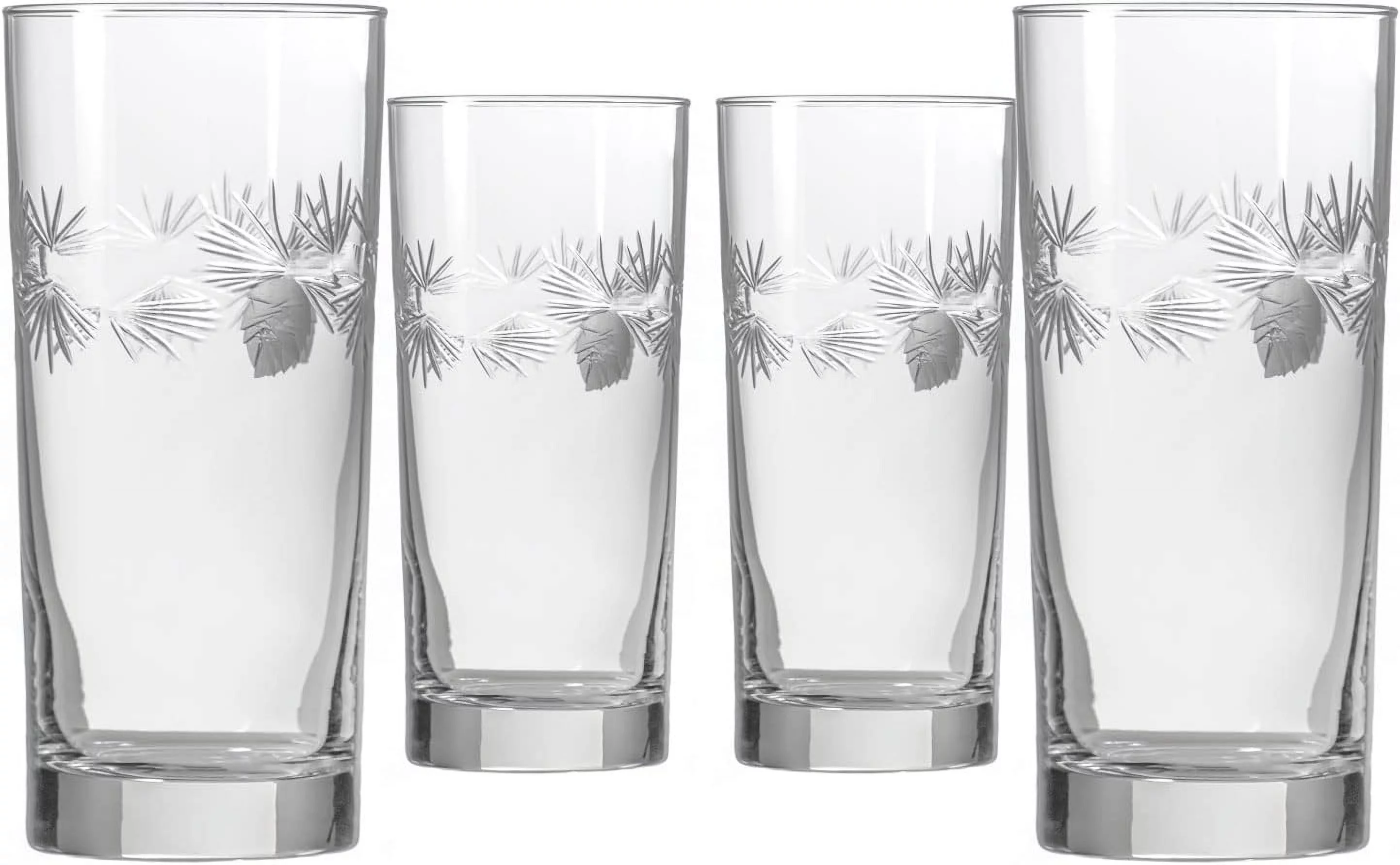 Icy Pine Highball Glass 15 Ounce - Cooler Glass Set Of 4 - Lead-Free Glass - Etched Drinking Glass With Heavy Base - Proudly Made In The