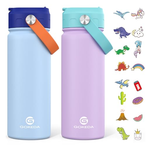 18oz Kids Water Bottle, Insulated Water Bottles with Stickers, 18/8 Stainless Steel Vacuum Leak Proof Straw Cup for School, Gifts for Boys(Light Blue)