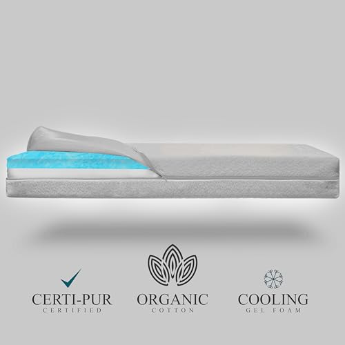 Organic Cotton Dual-Sided Crib Mattress | 2-Stage Premium Memory Foam CertiPUR-US Hypoallergenic Baby Mattress, Firm Support for Infant, Cooling Gel for Toddler, Waterproof Washable Cover (Grey)