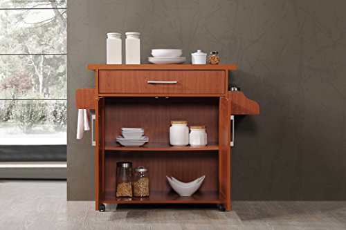 Hodedah Rolling Wood Kitchen Island Cart with Spice Rack, Towel Rack, Utensil Drawer plus Cabinet, White with Beech Top