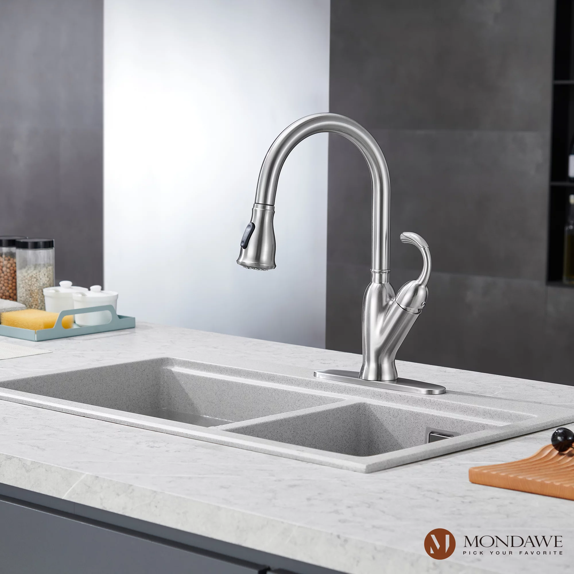 Kitchen Faucet-Single Handle Stainless Steel Brushed Nickel Pull Down Kitchen Sink Faucet with Pull Out Sprayer