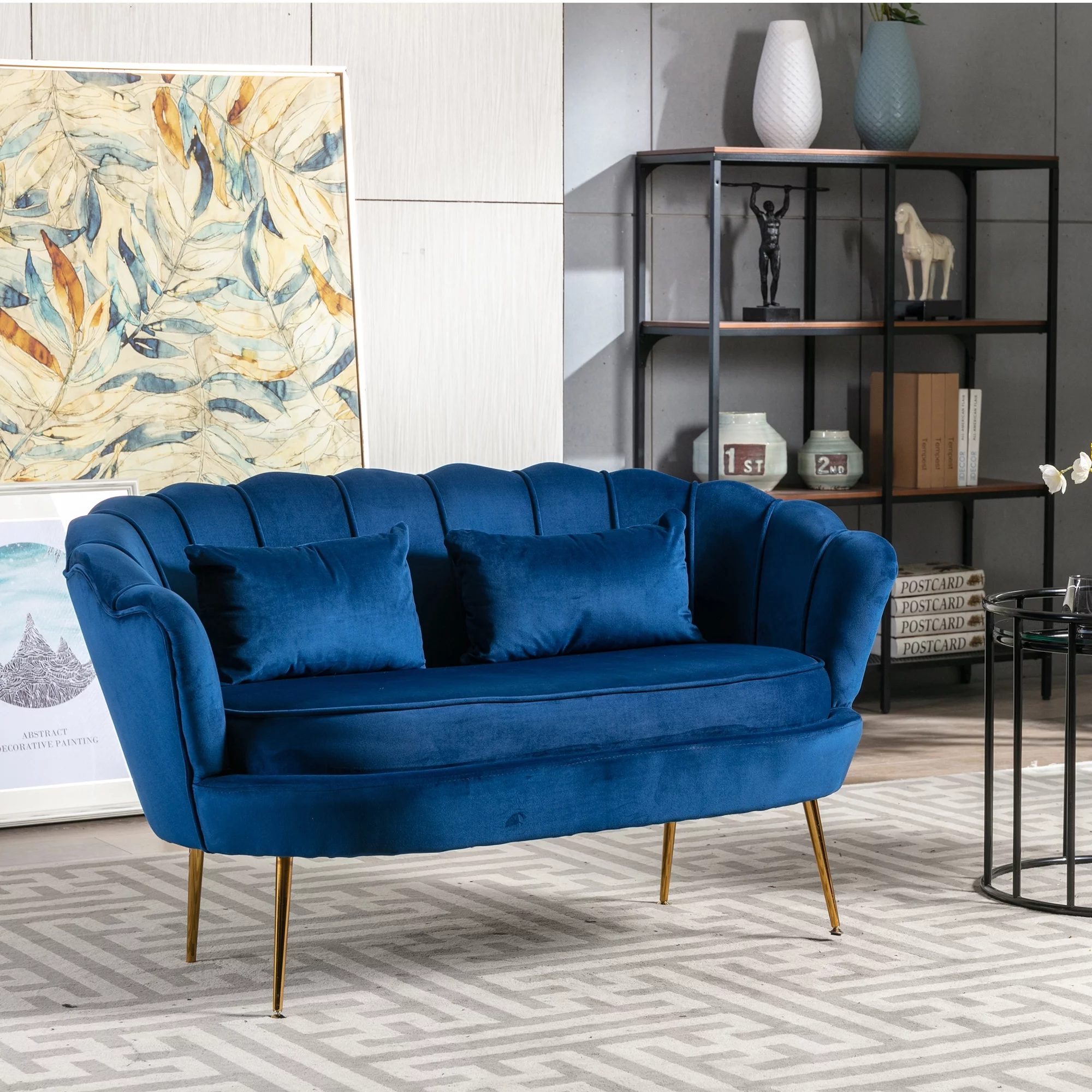 Home Beyond Velvet Flared Arm Loveseat Contemporary Channel Tufted Loveseat Comfy Barrel Curved Sofa Chair with Gold Legs 3 Seat Rolled Arm Sofa for Living Room, Bedroom, Office, Blue UC-17DB