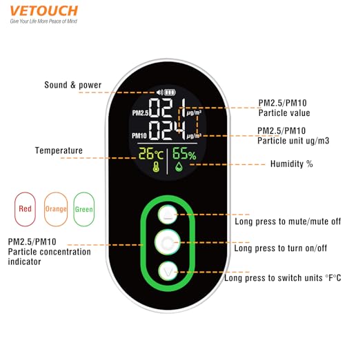 Air Quality Monitor，Pm2.5 & Pm10 Particle Detector, Precise Measurement, Temperature and Humidity Display, Sound and Light Alarm, Portable Air Quality Monitor, Suitable for Various Occasions