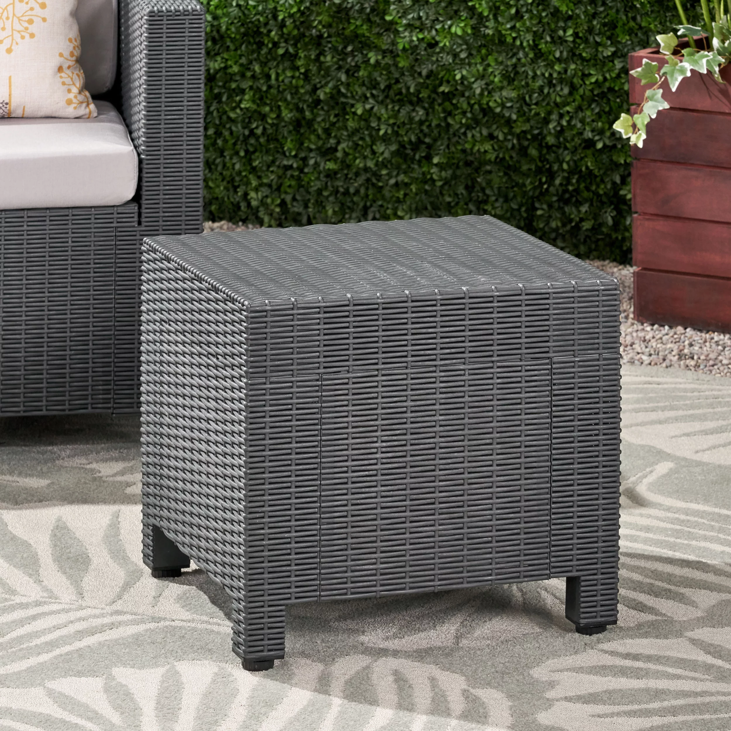 Noble House Waverly Outdoor Wicker Print Side Table in Dark Gray