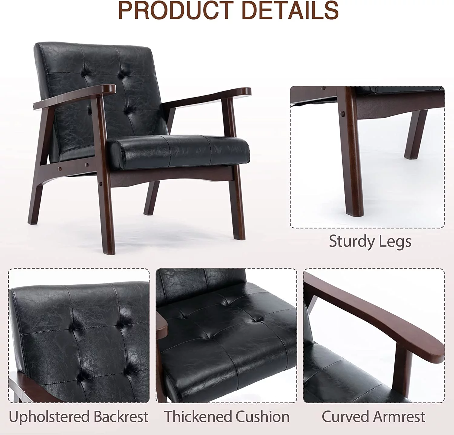 Bonzy Home Single Mid-Century Sofa Accent Chair Upholstered Leather Armchair with Solid Wood Frame, Leisure Chair Reading Chair for Living Room, Bedroom, Black