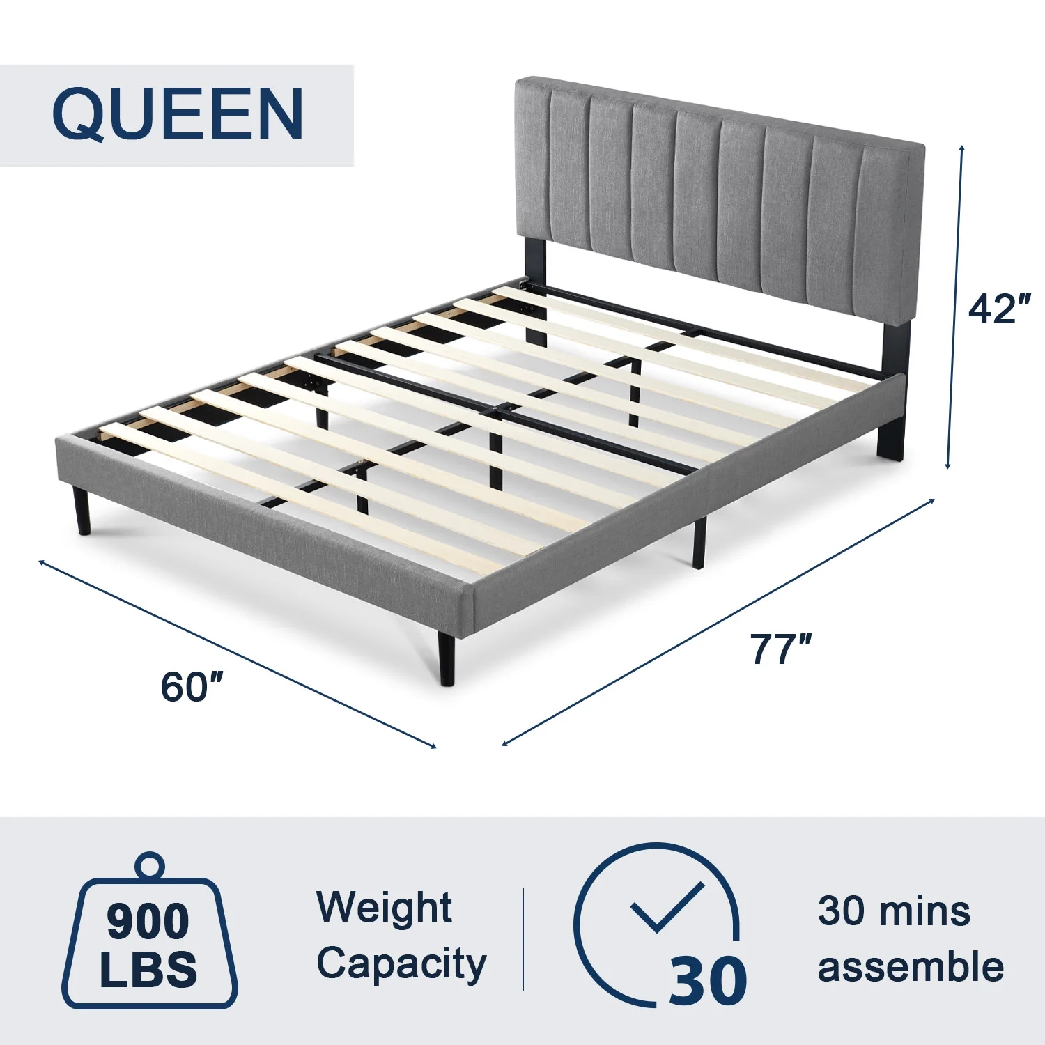 Queen Bed HAIIDE, Queen Platform Bed Frame with Upholstered Headboard, Light Gray