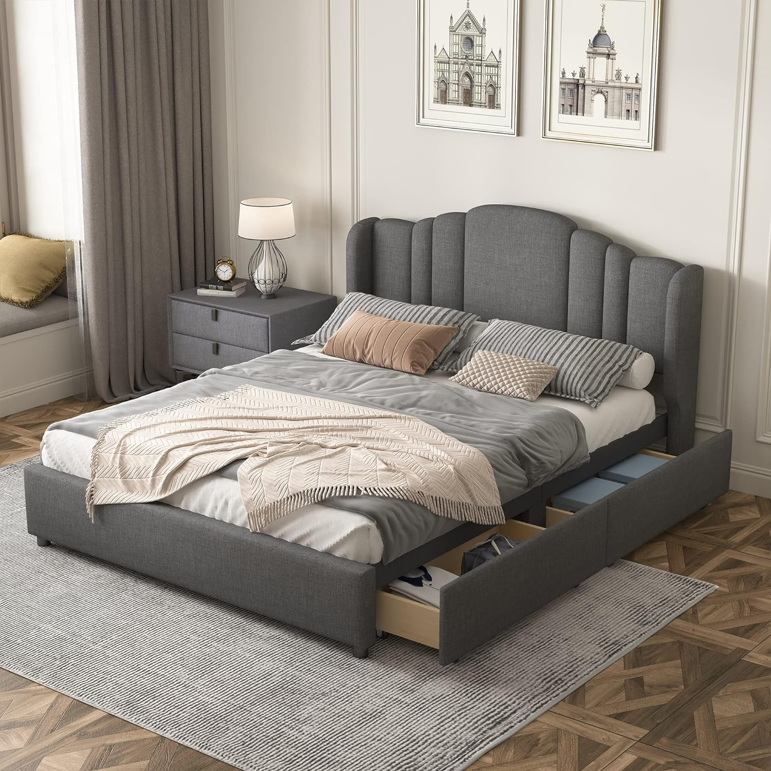 Quee Size Plaform Bed Lie Upholsered Plaform Beds Wih Wigback Headboard Ad 4 Drawers, Woode Bed Frame Quee For Bed Room, o Box Sprig eeded (Grey)