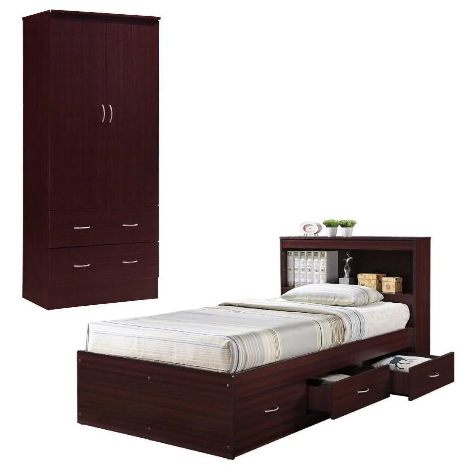 Home Square 2 Piece Bedroom Set with Captain Bed ad 2 Door Armoire in Mahogany