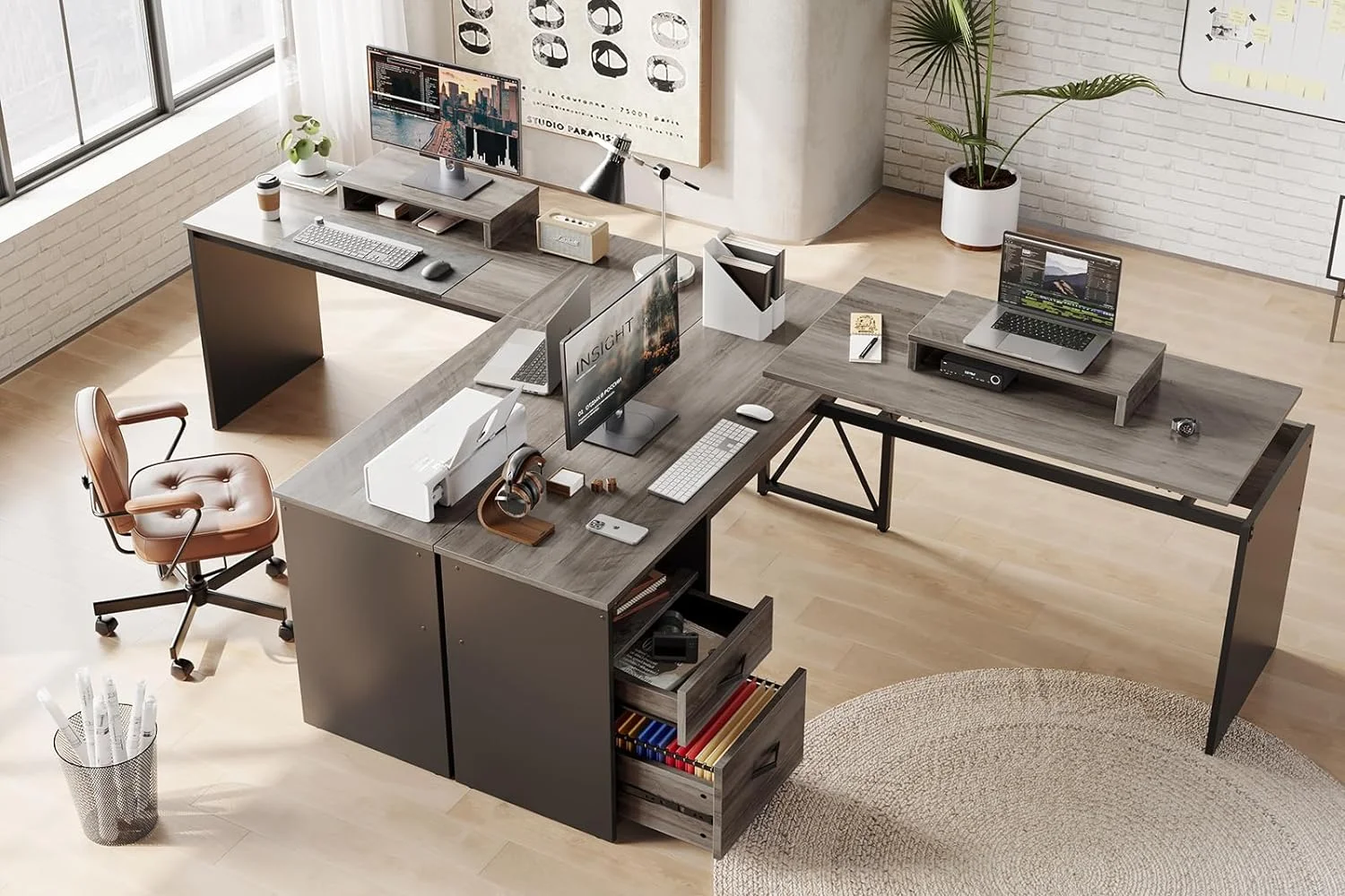 Lift Top L Shaped Desk with File Drawer, 55'' x 55'' Office Desk with Reversible Storage Drawers