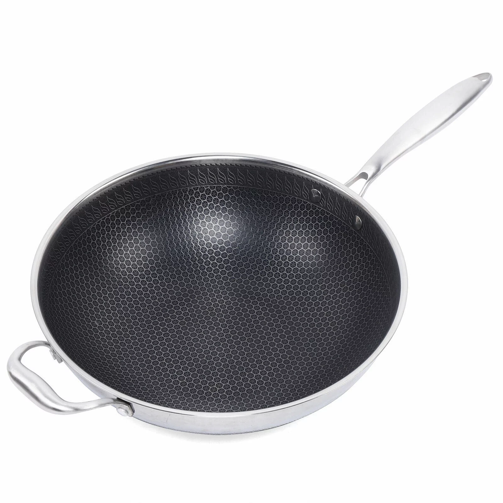 DENEST Double Sided Honeycomb Non-stick Cooker Frying Pan Stainless Wok w/ Glass Lid