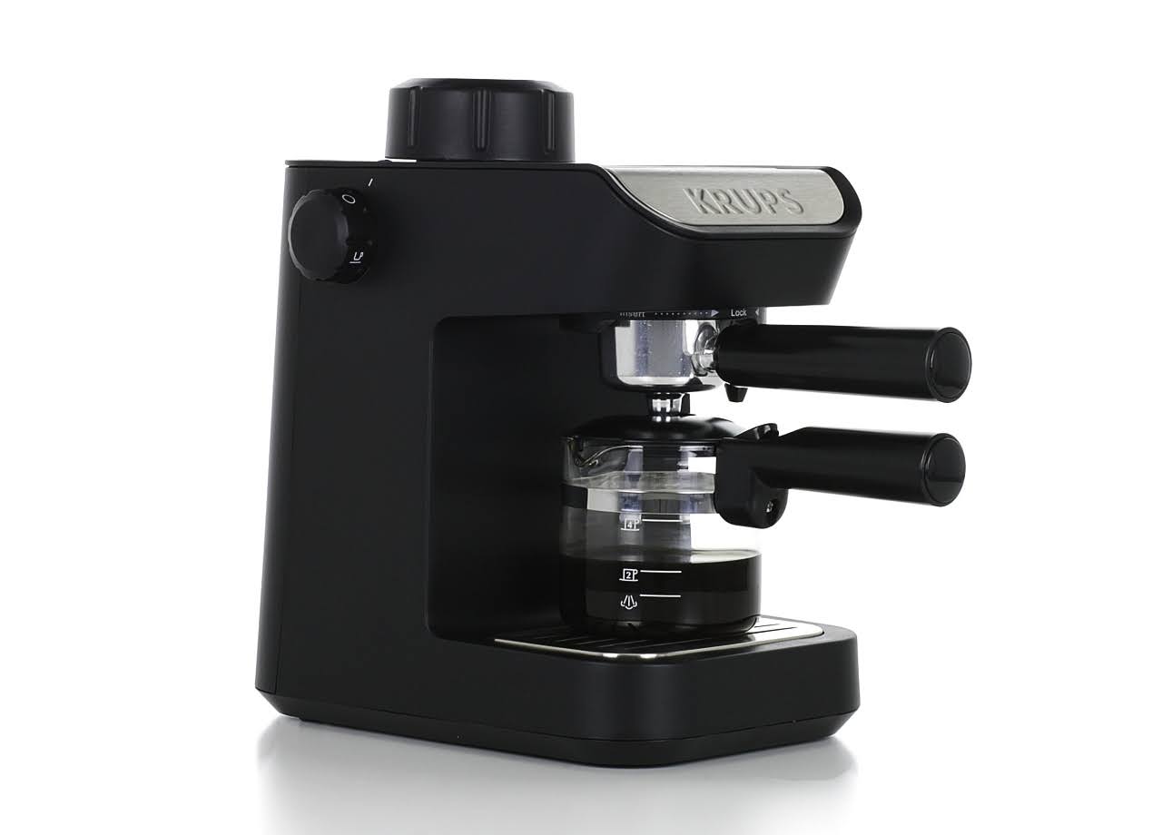 Krups XP1020 Steam Espresso Machine with Glass Carafe, 4-Cup, Black