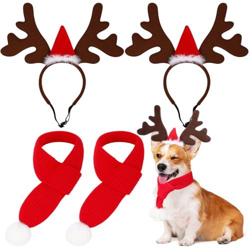 Sadnyy 2 Set Pet Christmas Costumes Dog Knitted Scarf Reindeer Antlers Headband Elk Pet Headdress Neck Puppy Winter Warm Christmas Holiday Decoration Scarf Cat Accessories for Medium Dogs(Red,Green)