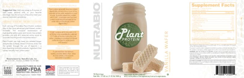 NutraBio Plant Protein – Complete Amino Acid Profile – 20G of Protein per Scoop – Gluten and Dairy Free, Zero Fillers, Naturally Sweetened, Non-GMO, USA Made Protein Powder (Vanilla Wafer)