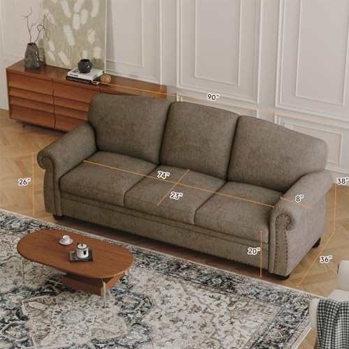 90 Inch Nailhead Trim Couch for Living Room, 23 Inch Deep Seat Rolled Arm Sofa, Comfy Upholstered 3 Seater Chenille Couch w/Wooden Leg, Large Traditional Sofa for Farmhouse, Beige