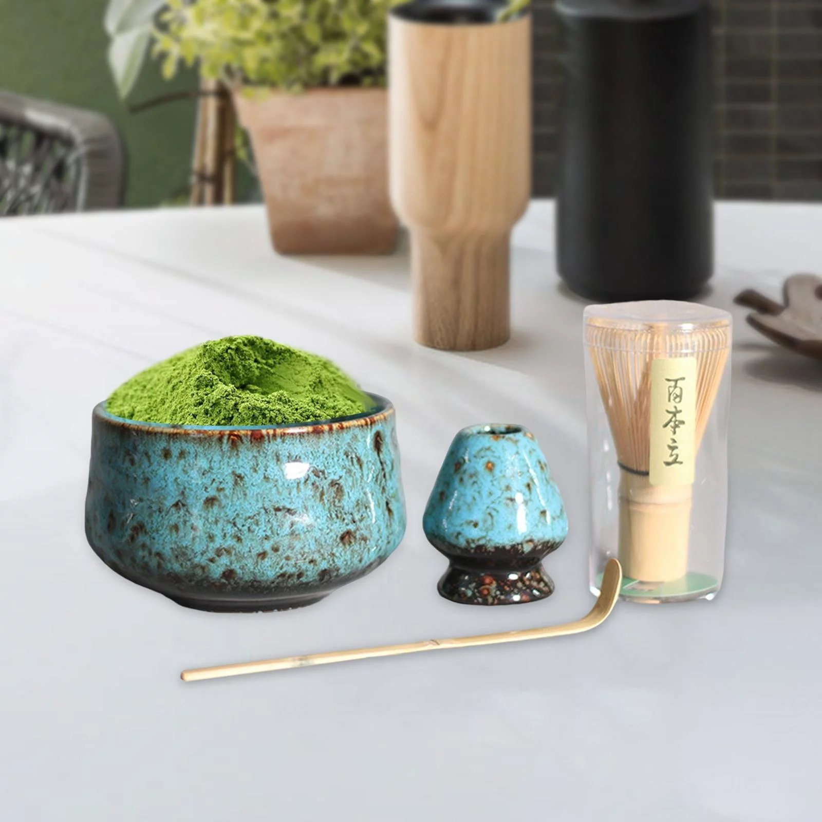 4 Pieces Matcha Set Tea Spoon Traditional , Matcha Bowl, Whisk Holder, Ceramics Blue