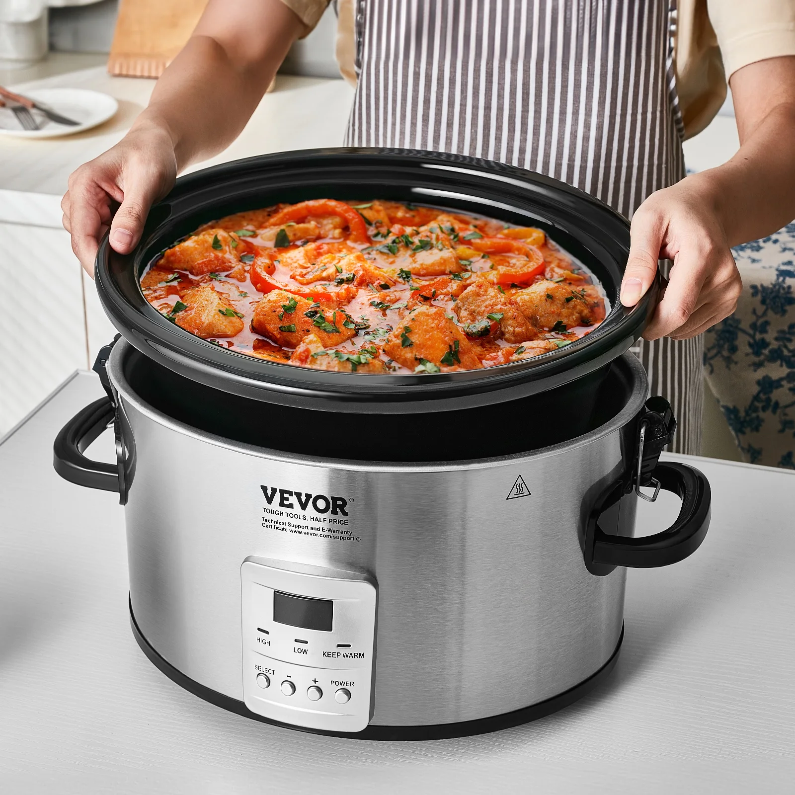 SKYSHALO Slow Cooker 8QT 320W Electric Cooker Pot 3-Level Heat Settings 20h Timer