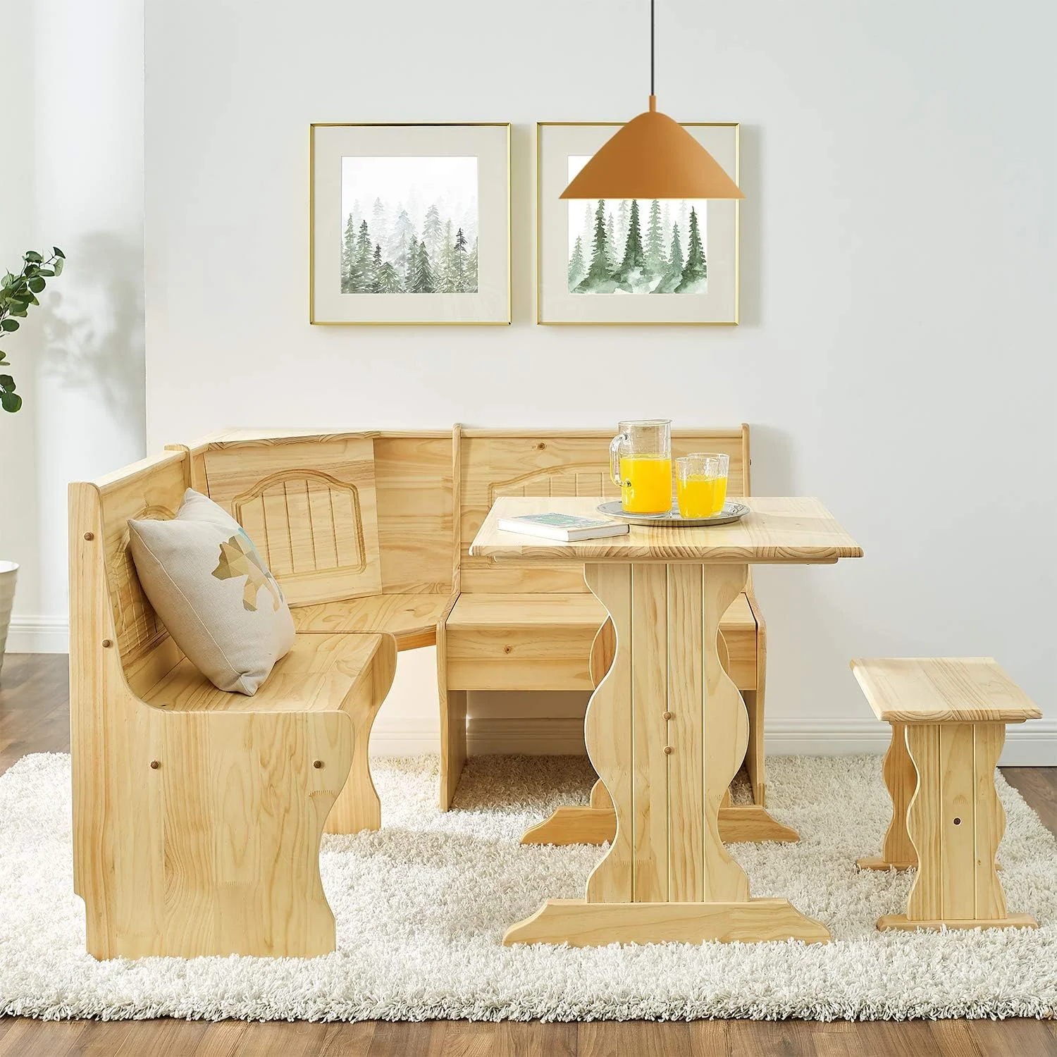 Traditional 3 Piece Solid Wood Breakfast Nook Dining Table Set With Side Bench, Hidden Storage Nook Table Set For Small Space, Corner Dining Set In Nature Color