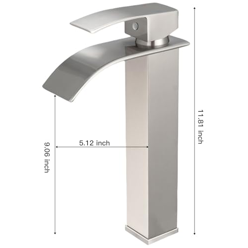 BWE Vessel Sink Faucet Modern Waterfall Chrome Single Hole Bathroom Faucet Single Handle with Pop up Drain Without Overflow Assembly Vanity Basin Bath Sink Faucets Mixer Tap