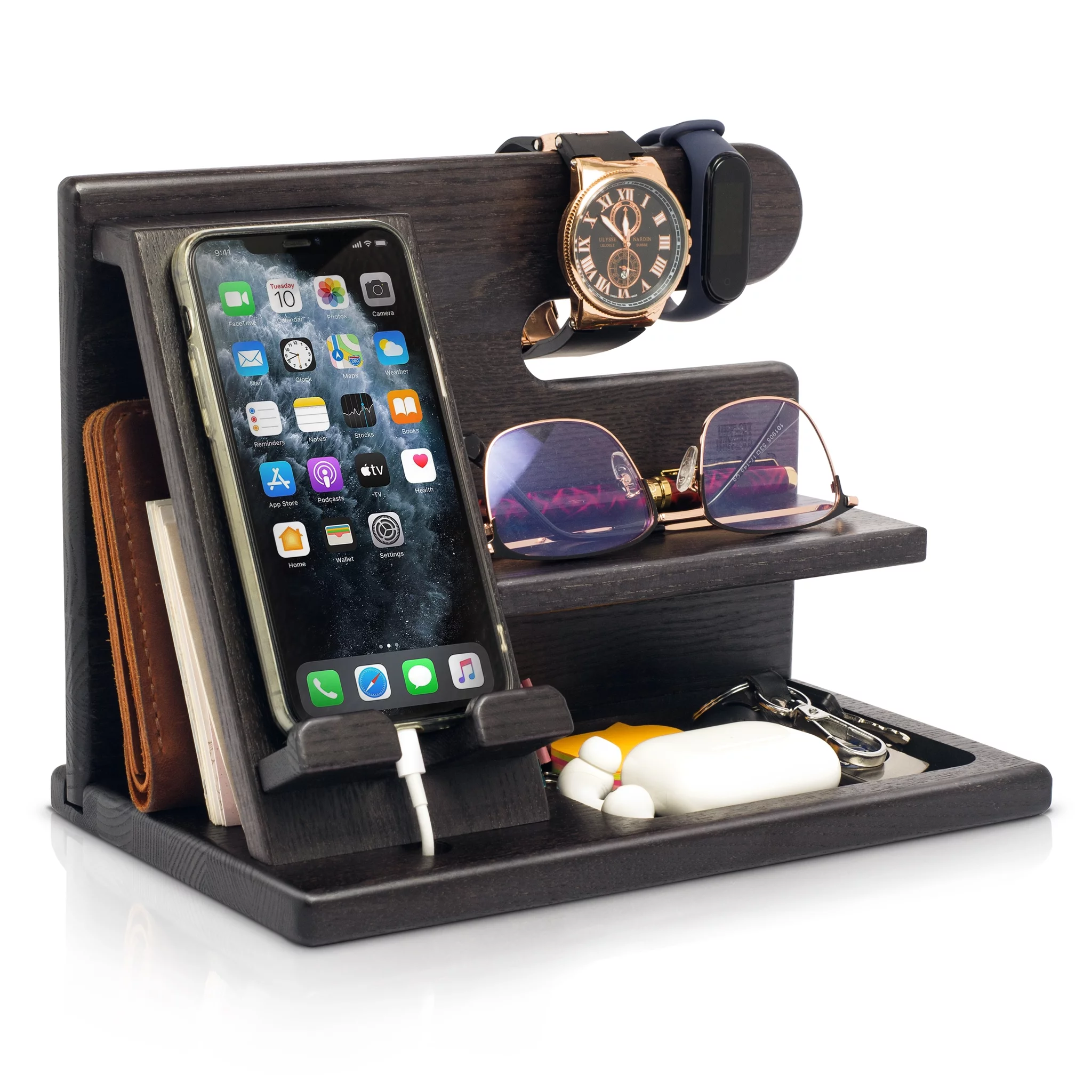 Wood Phone Docking Station Ash Key Holder Wallet Stand Watch Organizer Men Gift Husband Wife Anniversary Dad Birthday Nightstand Purse Father Graduation Male Travel Idea Gadgets (Black)
