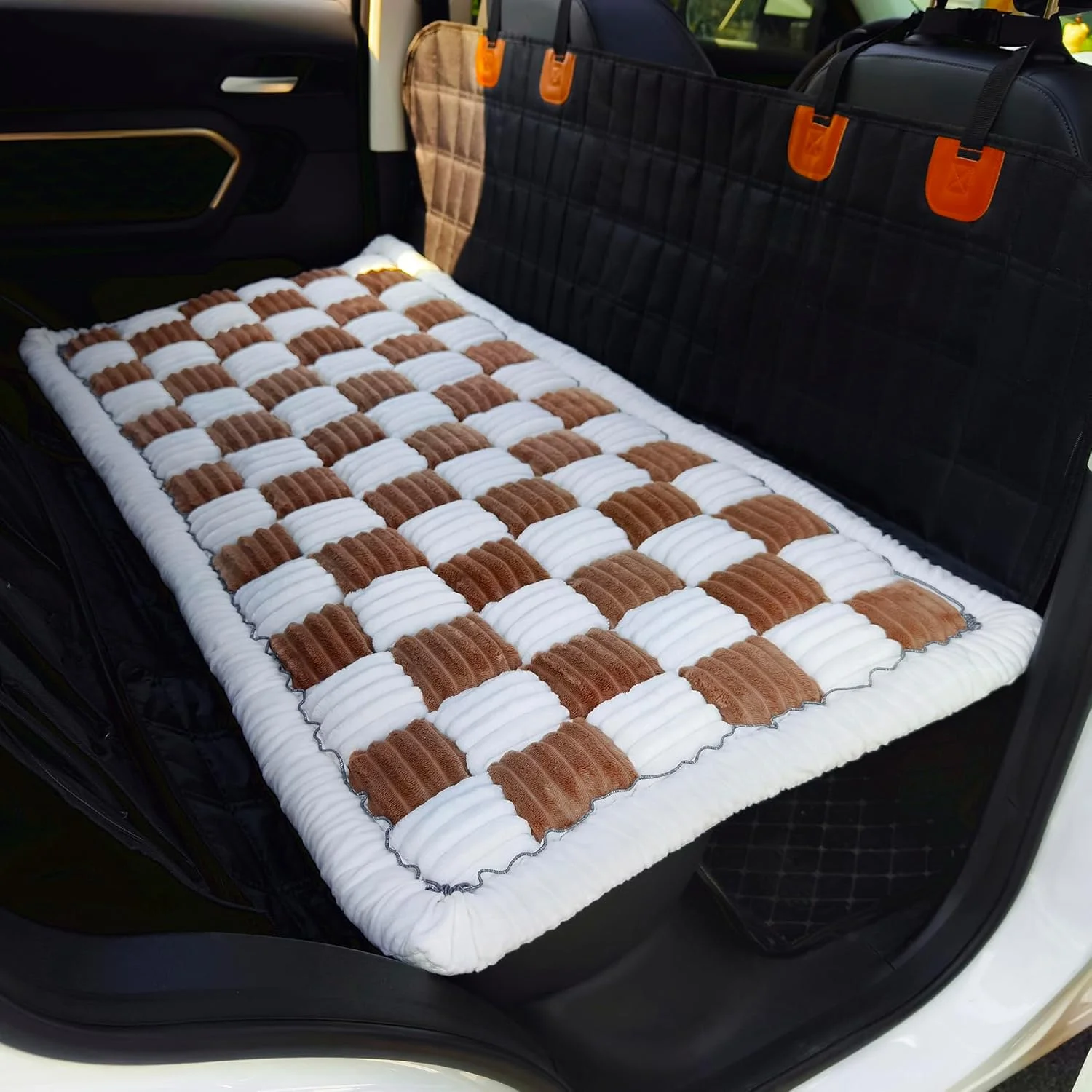 Backseat Pet Bed Mat, Plaid Dog Bed for Car Back Seat, Furry Dog Blanket for Car, Non-Slip Travel Pet Mat, Custom Fit for Backseat Extenders and Seat Covers (Brown&White, 24.8x54 inch)