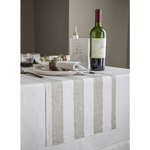 Solino Home Linen Table Runner 48 Inches - Cabana Stripe 100% Pure Linen Black and Natural Table Runner 14 x 48 Inch Ideal for Dresser and Coffee Tables - Thanksgiving, Holiday