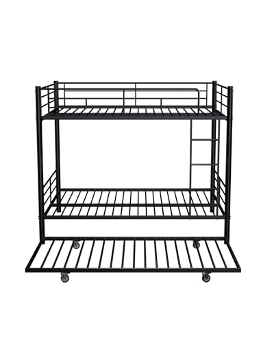 Full Over Full Bunk Bed with Trundle, Heavy Duty Metal Bed Frame with Full-Length Guardrails & Ladder, 3-in-1 Convertible Full Bunk Bed, Noise-Free, No Box Spring Needed, Black