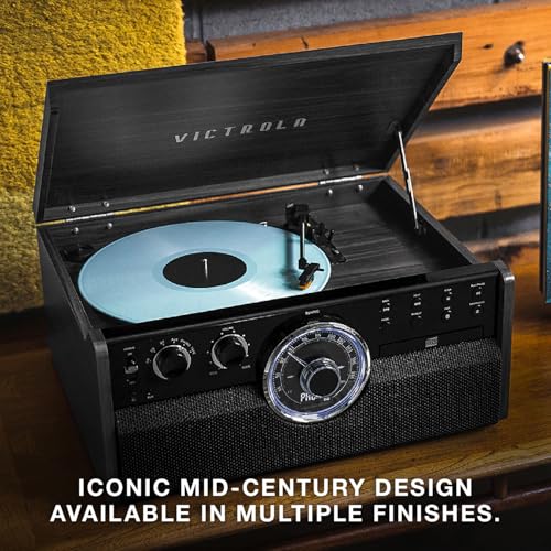 Victrola The Empire Mid-Century 6-in-1 Turntable & Multimedia Center with Built-in Speakers – 3 Speed, Bluetooth Connectivity, Radio, Cassette & CD Player, RCA Out, Headphone Jack (Farmhouse Walnut)