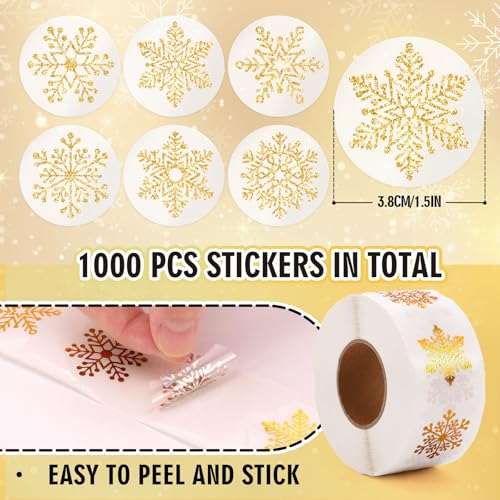 1000Pcs Clear Christmas Stickers Roll Gold Foil Snowflake Stickers Xmas Winter Holiday Round Adhesive Label Stickers Decal for Xmas Envelopes Invitations Cards Gifts Decor, 6 Designs