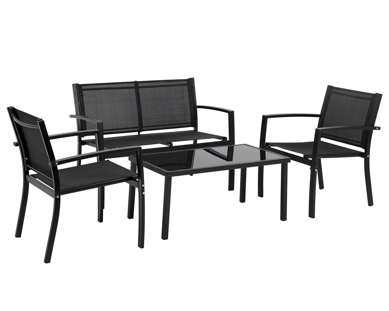 YRLLENSDAN Patio Conversation Sets，Patio Furniture Outdoor Table and Chairs 4 Piece Patio Set w/ Tempered Glass Tabletop Waterproof Textilene for Outside Backyard Lawn Pool Deck Balcony, Black