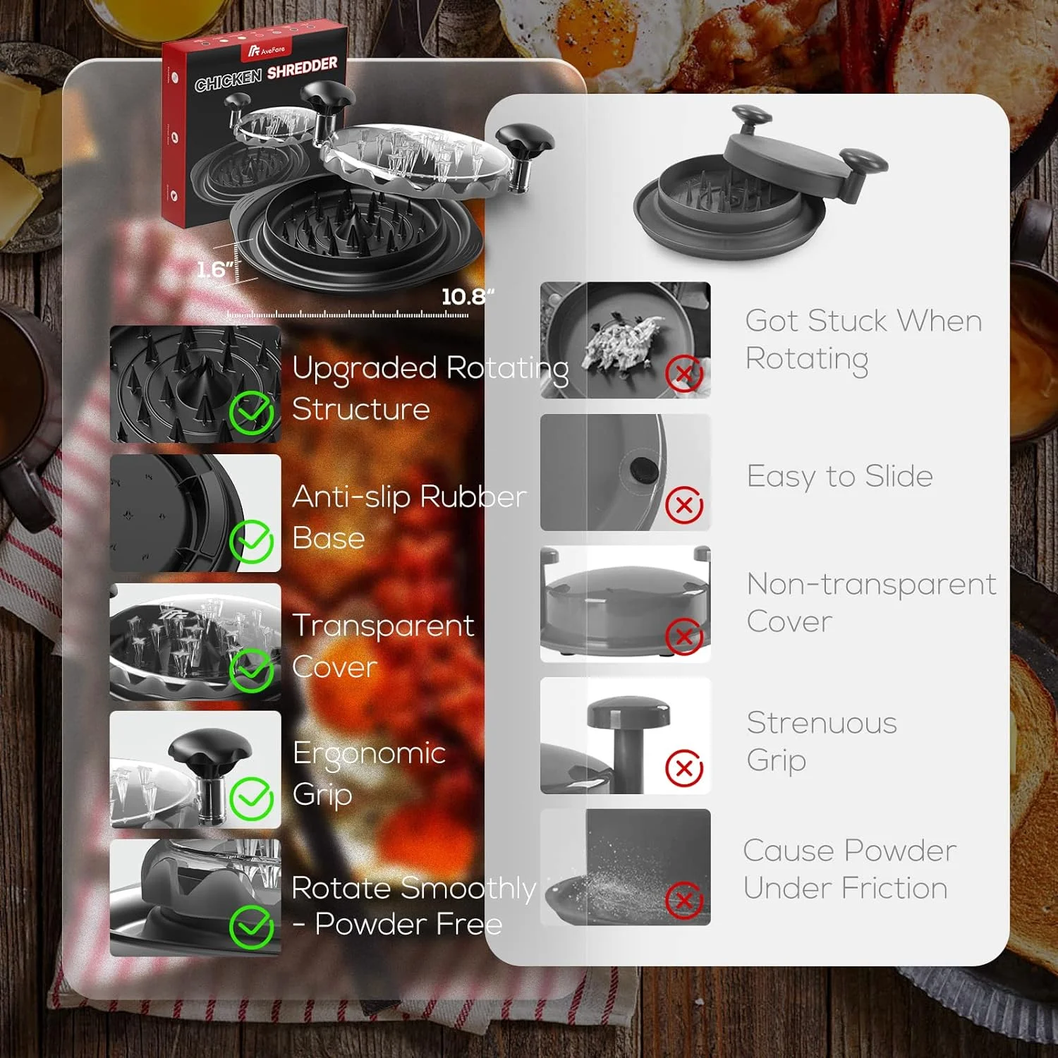 Pro Chicken Shredder, 10.8" Visible Chicken Breast Shredder Tool Twist, Large Meat Shredder Machine - Ergonomic Handle, Dishwasher Safe, Anti-Slip, Cleaning Brush, Heat Resistant, BPA Free