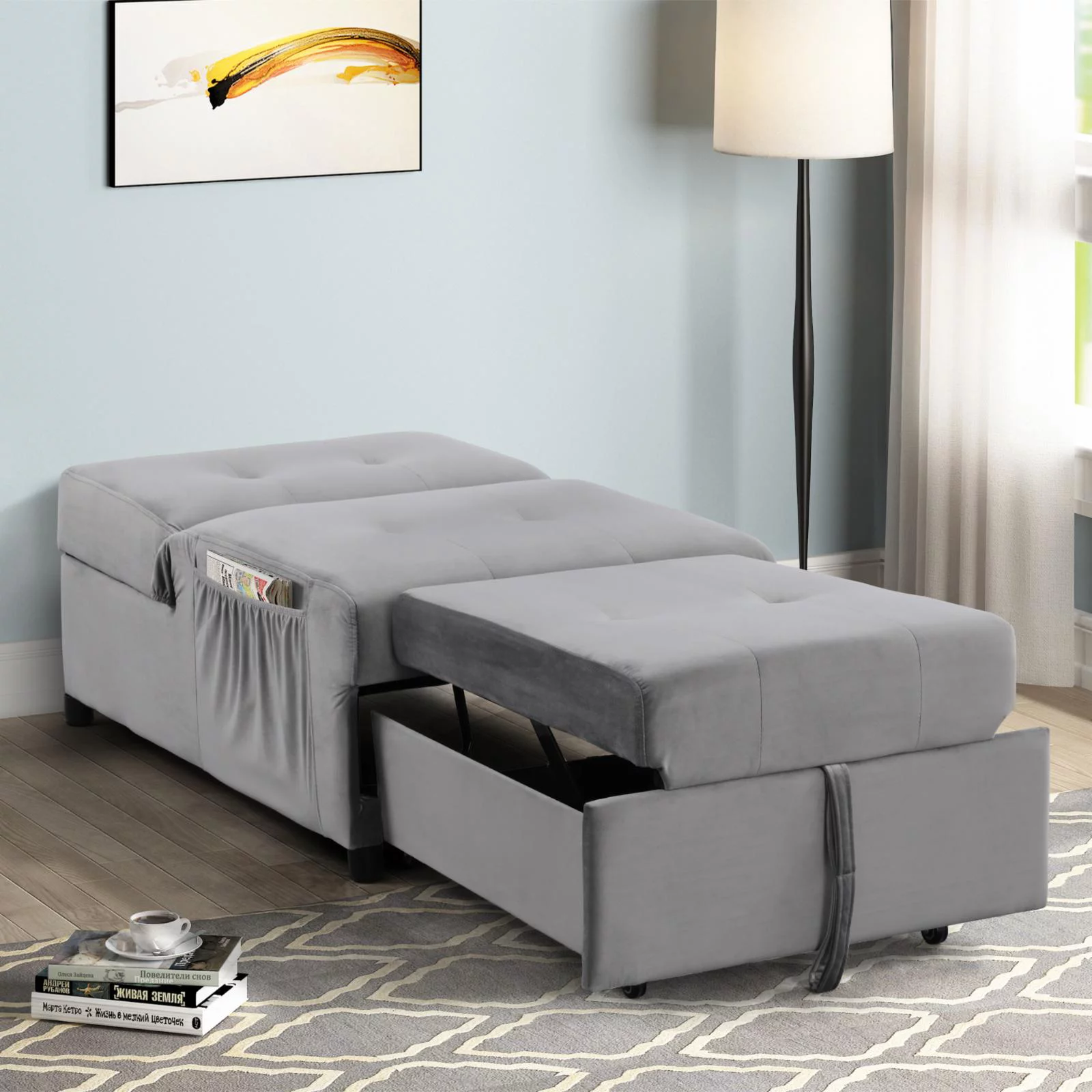 Best Master Furniture Bayani Velvet Adjustable Sleeper Lounge Chaise in Gray