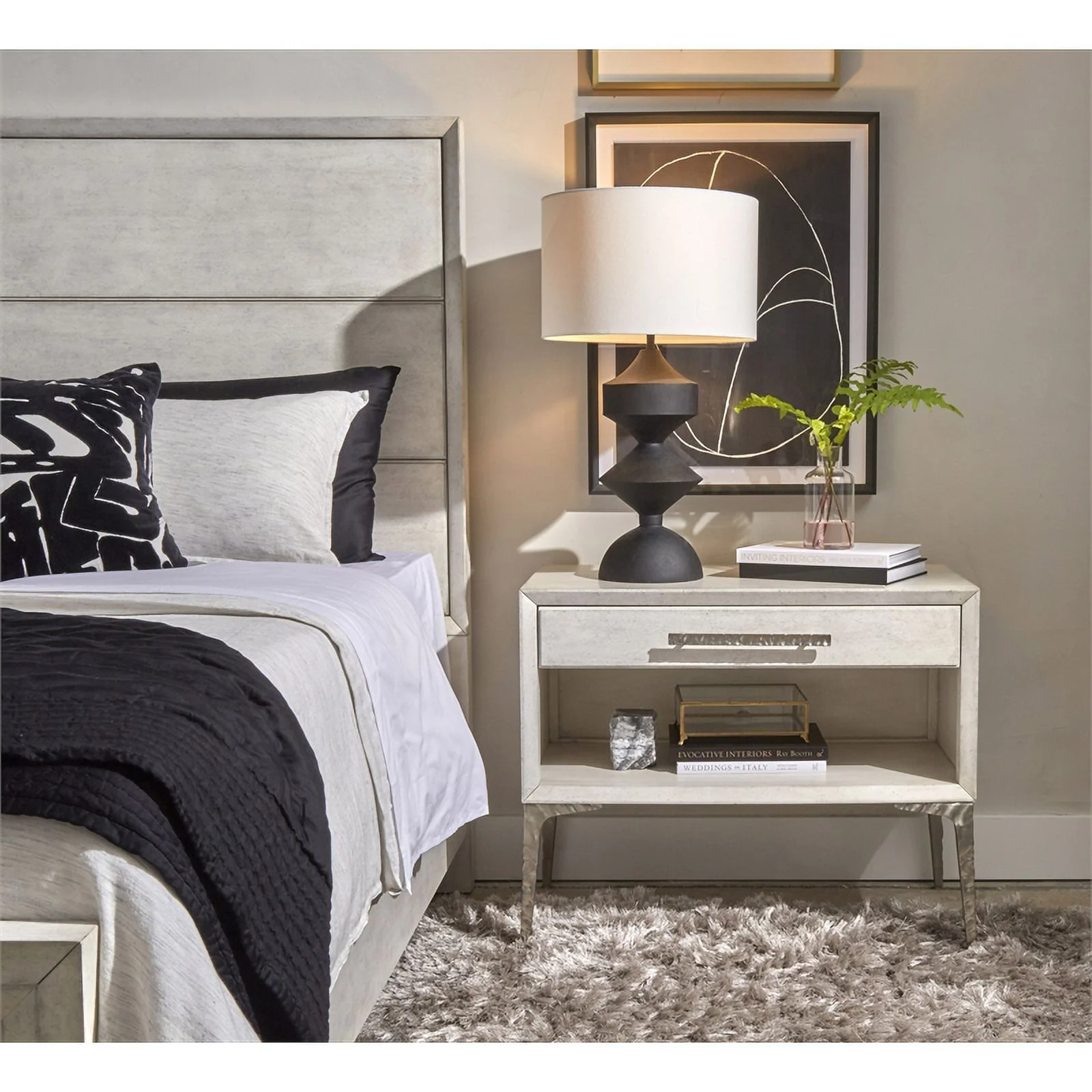 Maddie Home 1-Drawer Solid Wood / Metal Accent Nightstand in White / Silver Fog