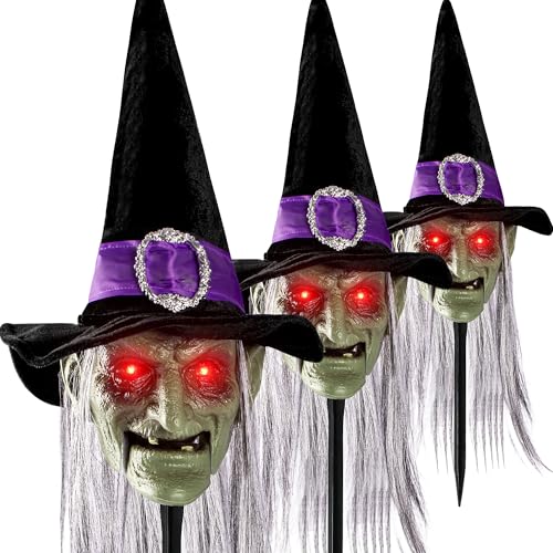 Halloween Animatronics Witch Pathway Markers Decorations, 3Pack Animated Talking Stakes, Scary Decor with Sound Activated, Light Up Eyes, Mouth Move, Haunted Holiday Horror Prop for Lawn Yard, Outdoor