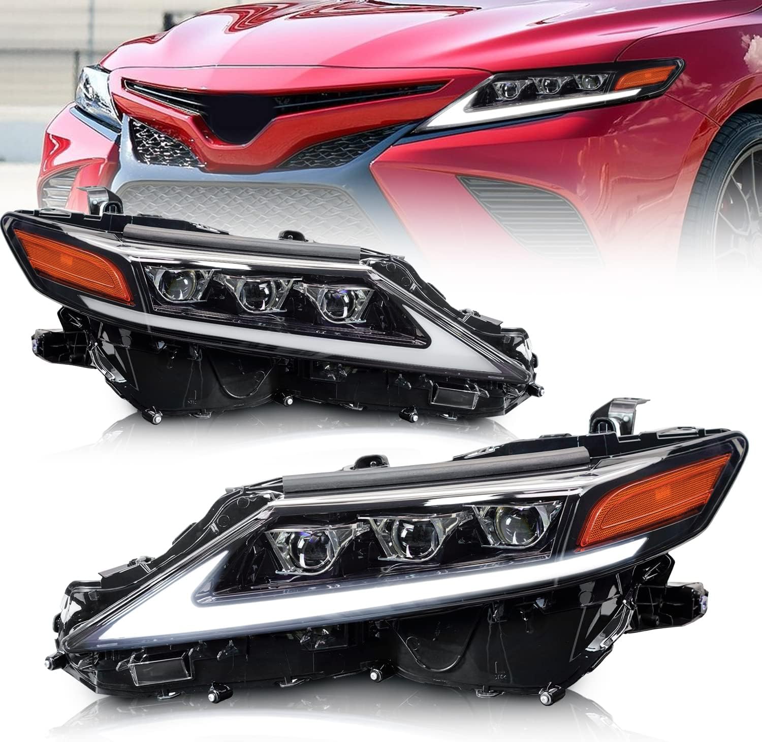 Headlights Assembly for Toyota Camry 2018 2019 2020 2021, Full LED Projector Headlamp with Sequential Turn Signal DRL for Camry XV70 L/ LE/ SE/ XSE/ Hybrid/ TRD, A Pair