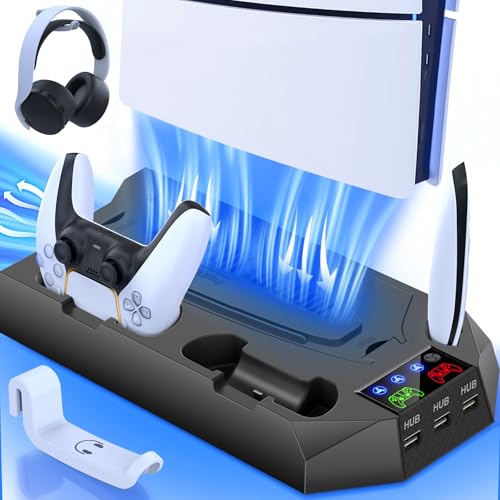 PS5/Slim/Pro Cooling Station for PlayStation 5 Console Disc/Digital Edition - PS5 Slim Pro Cooling Stand with Controller Charging Station Accessories-Cooler Fan/Headset Holder/3 USB Hub, White