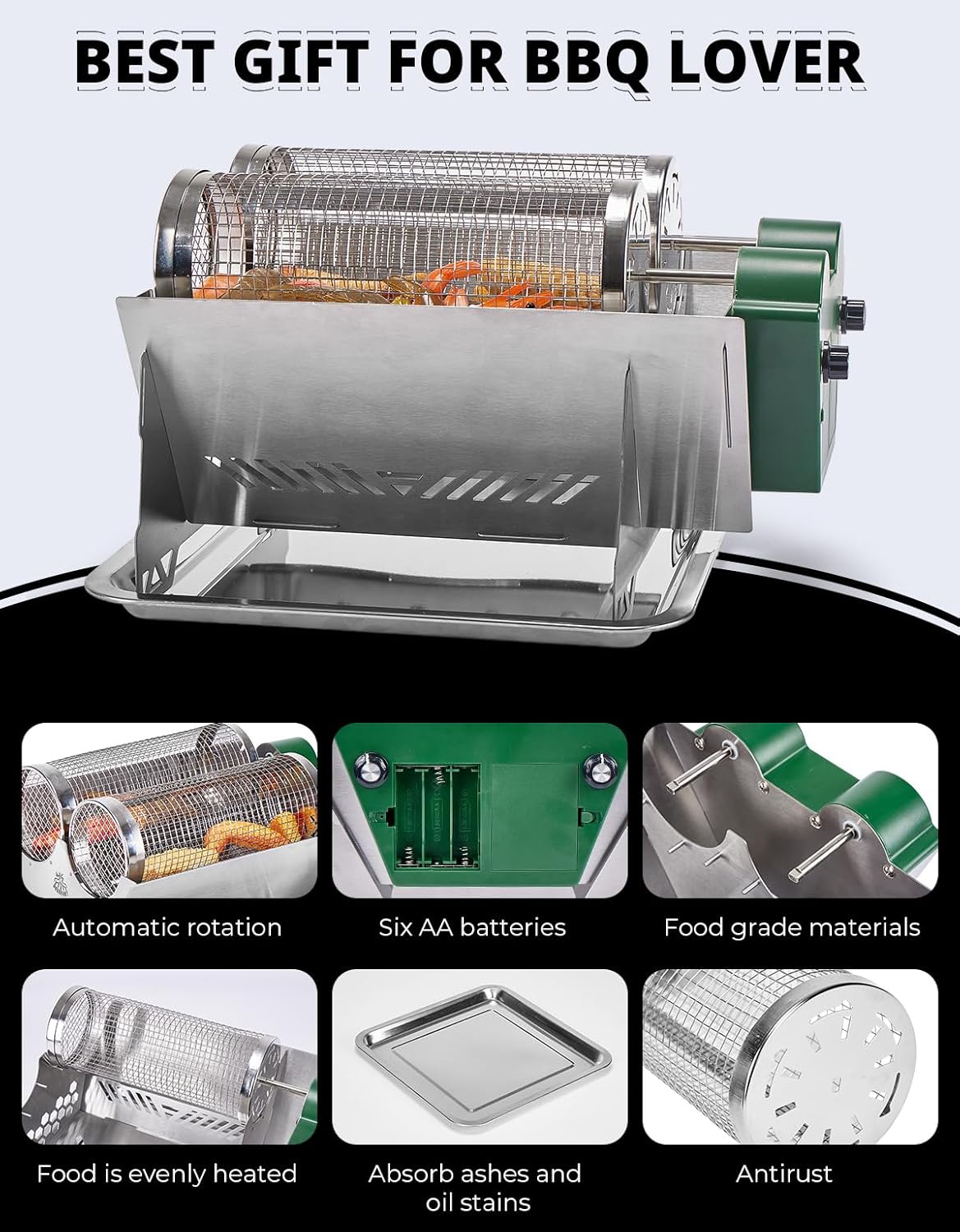 DEERFAMY Charcoal Grill Rotisserie Kit, Electric BBQ Grill with 3 Stainless Steel Rotating Baskets, Auto Swivel Roasting Grill for Backyard Outdoor Patio