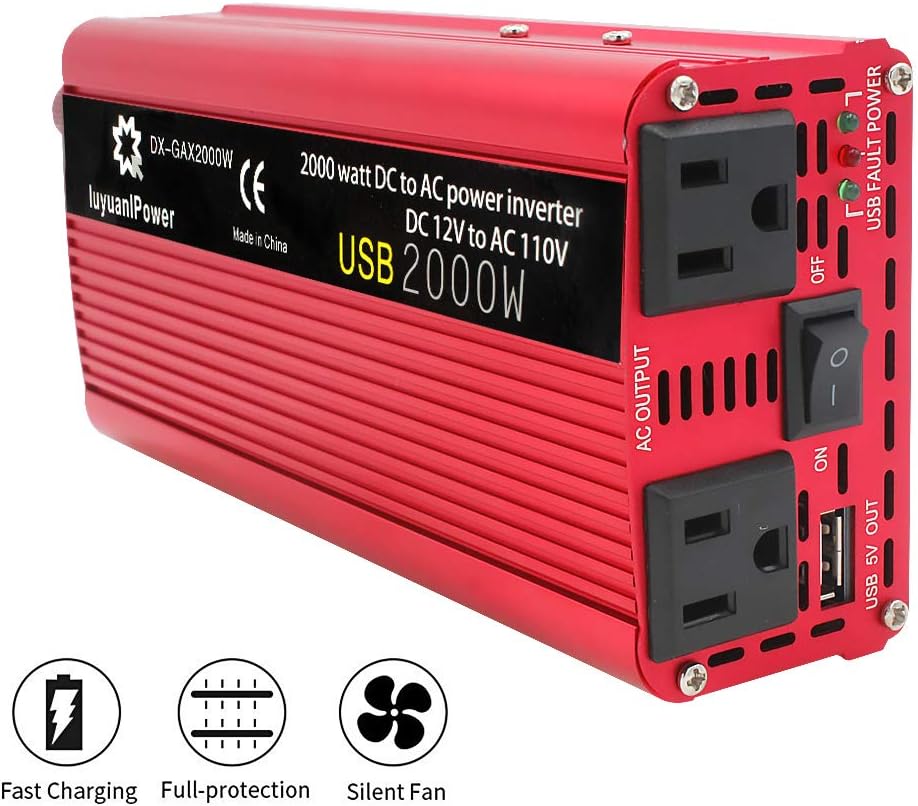 LVYUAN Power Inverter 1200W/2000W(Peak) DC to AC 12V to 110V Car Inverter DC 12V Inverter with 3.1A USB Car Adapter with Battery Clips