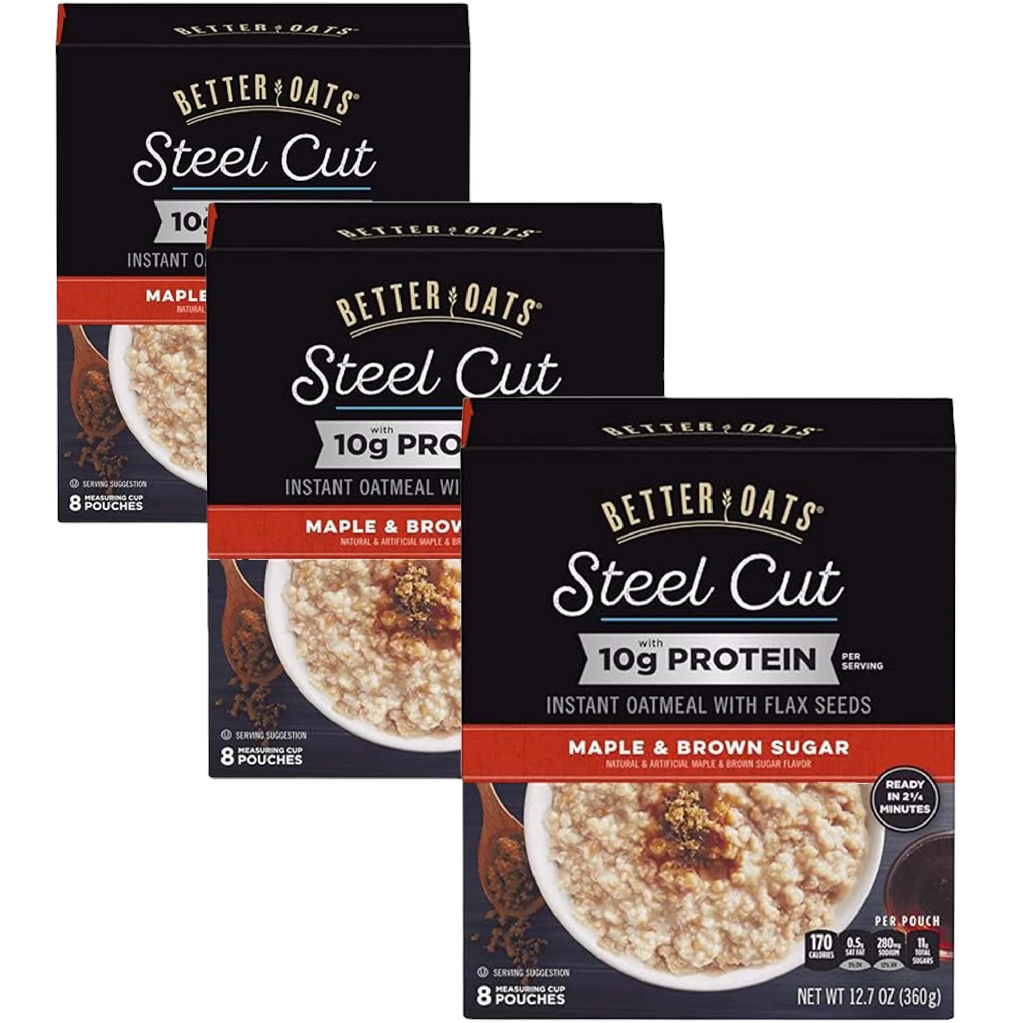 Better Oats Steel Cut Protein Oatmeal with Flax Seeds, 8 Instant Maple and Brown Sugar Oatmeal Packets (3 Pack)