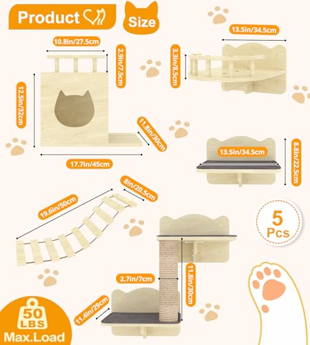 Cat Wall Shelves,Cat Wall Furniture Set of 5 Cats Mounted Shelves Furniture Wooden Feline Shelf Set Perches for Indoor with Condo,Scratching Post,Bridge