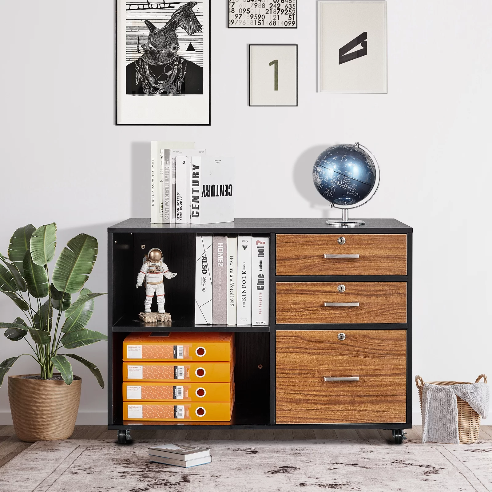 Rolling 3 Drawer File Cabinet with Lock, Wood Lateral Filing Cabinet with Open Shelves